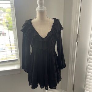 Abercrombie & Fitch Ruffle Chiffon Mini Dress Black Deep V Neck